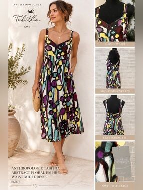 Anthropologie Tabitha NWT Abstract Floral Empire Waist Midi Dress‎ Size 6